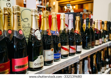 Nerja, Spain - June 20, 2015:  Champagne bottles at the wine store