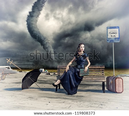 woman,waiting a bus and tornado (photo and hand-drawing elements compilation)