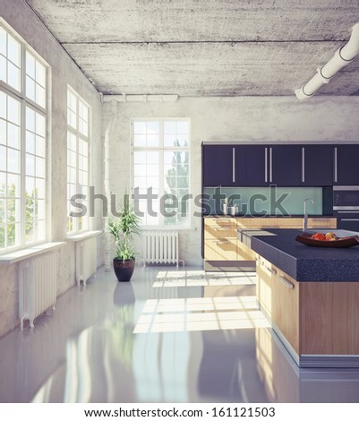 Modern Kitchen In Loft Interior (3d Illustration)