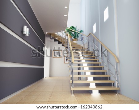 Interior of stylish modern house hall, staircase view
