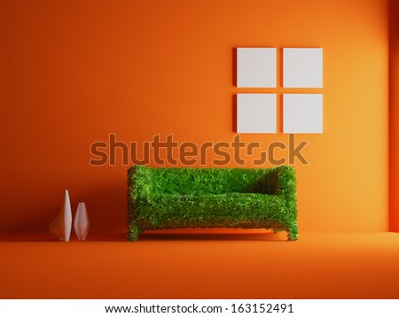 Modern sofa covered with bright green grass Healthy lifestyle concept 3D rendered Modern sofa covered with bright green grass Healthy lifestyle concept 3D rendered