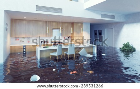 flooding in luxurious kitchen interior. 3d creative illustration