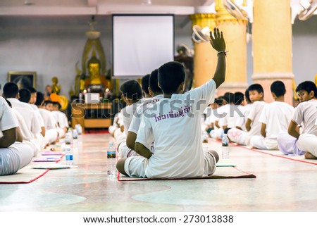 PHUKET ,THAILAND - 2 APRIL 2015 : Unknown young novice monks in Buddhism study project at Wat Nai Harn  Buddhism temple