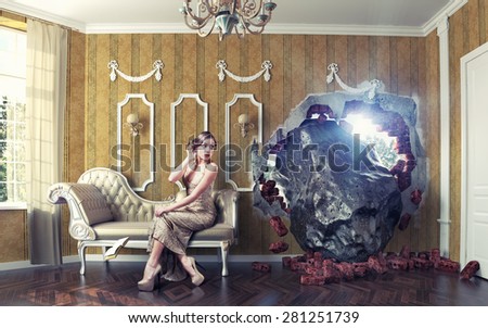 Meteorite enters the room, scaring the woman on the sofa. Photo combination creative concept