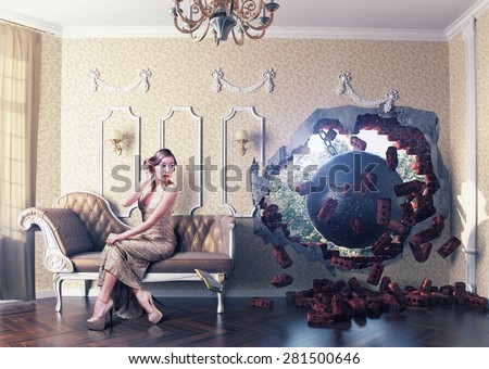 wrecking ball enters the room, scaring the woman on the sofa. Photo combination creative concept
