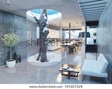eco design of the modern house interior. Pine tree indoor. 3d concept
