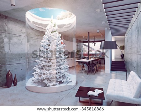 eco design of the modern kitchen interior. Pine tree indoor. 3d concept