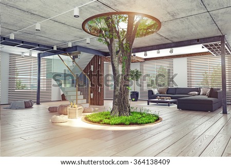 eco design of the modern interior. Real living tree indoor. 3d concept