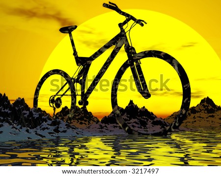 Dirt Mountain Bike on Dirt Mountain Bike Over The Rock Sunset Background Stock Photo