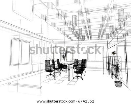 Architectural Design on The Modern Office Interior Design Sketch  3d Render  Stock Photo