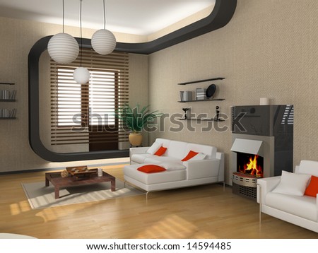The Modern Interior Design With Fireplace (3d) Stock Ph