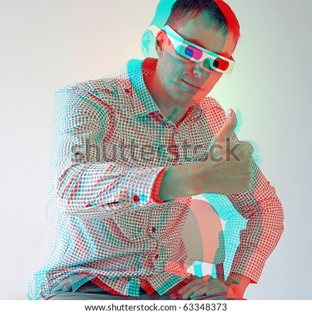 stock photo man in stereo glasses 3D anaglyph effect photo to view 