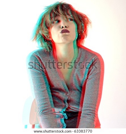 stock photo young woman with funny grimace anaglyph effect need stereo 