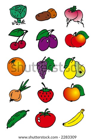stock vector : traced cartoon illustrations of fruits and vegetables for 