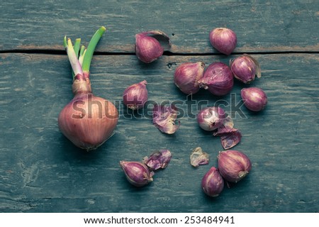 Shallots (red onion) set up on wood table with low key scene and vintage color tone