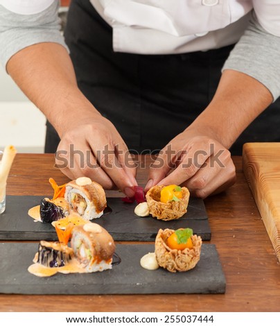 chef preparing for Japanese fusion food set