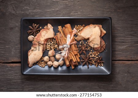 The top view of five spices stewed ingredients with low key scene