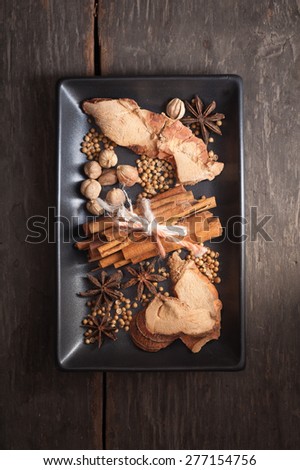 The top view of five spices stewed ingredients with low key scene