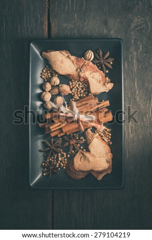 The top view of five spices stewed ingredients with film filter effect