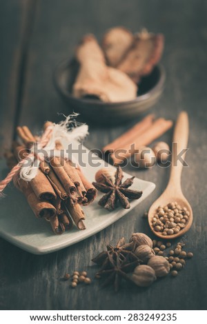 Five spices stewed ingredients with film filter effect