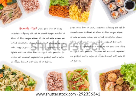 sushi, stir fried fish, fettuccine, roasted pork, grilled pork with eggs, and Shrimp and vermicelli baked with herbs cooked by clean food concept on white background with easy removable sample text