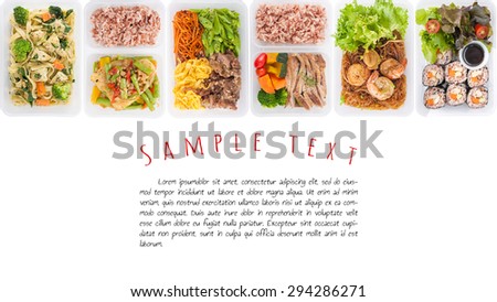 sushi, stir fried fish, fettuccine, roasted pork, grilled pork with eggs, and Shrimp and vermicelli baked with herbs cooked by clean food concept on white background with easy removable sample text
