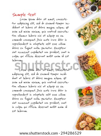 sushi, fettuccine, roasted pork, grilled pork with eggs, and Shrimp and vermicelli baked with herbs cooked by clean food concept on white background with easy removable sample text