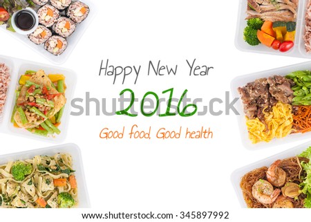 sushi, stir fried fish, fettuccine, roasted pork, grilled pork with eggs, and Shrimp and vermicelli baked with herbs on white background with \