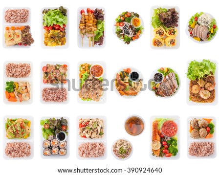Collection of modern style cuisine cooked by clean food concept including European, Japanese, Thai, and Chinese food style in lunch box isolated on white background