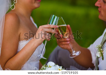 couple beautiful wedding newlyweds a picnic in a forest clearing, bride and groom drink wine champagne