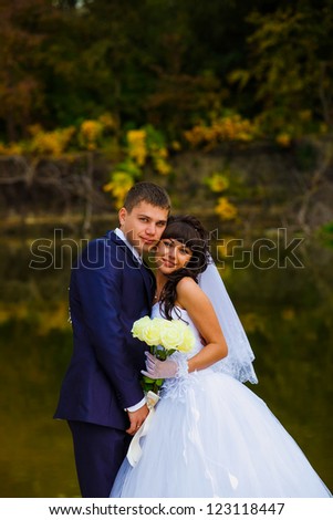 bride and groom standing at the water behind the yellow leaves fall, newlyweds at the wedding