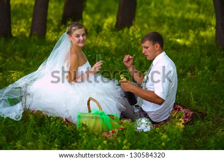 newlyweds bride and groom at wedding in green forest sitting on picnic, drink wine from wine glasses at wedding