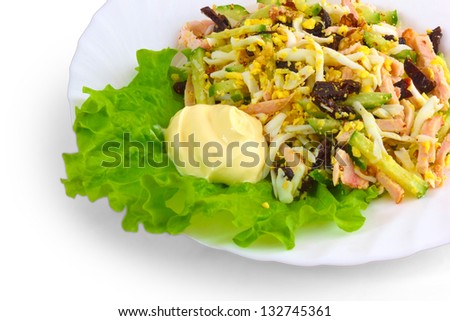 food plate salad sausage isolated on a white background
