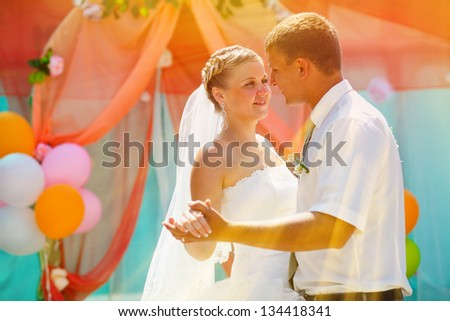 sunlight bride and groom, couple married on day of registration ceremony wedding dance