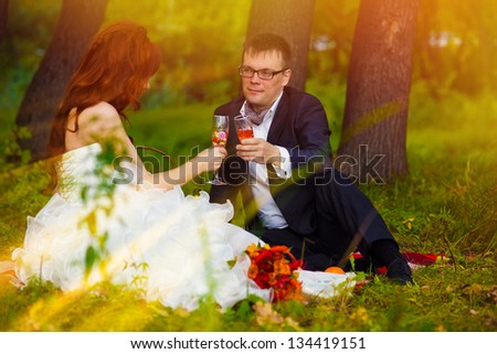 sunlight bride redhead and groom at wedding in green field sitting on picnic, drink wine from wine glasses at wedding