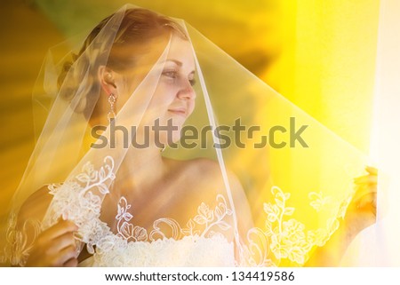 sunlight bride portrait veil blonde woman stands and looks out window large wedding