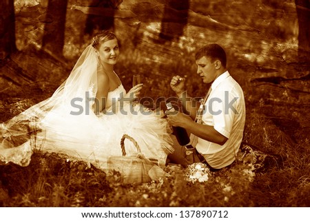 retro sepia photo, newlyweds bride and groom wedding forest sitting on picnic, drink wine from wine glasses wedding
