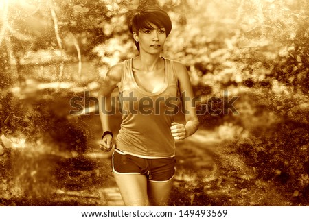 retro sepia beautiful a healthy runs brunette young woman athlete running outdoors, fitness and healthy lifestyle, running