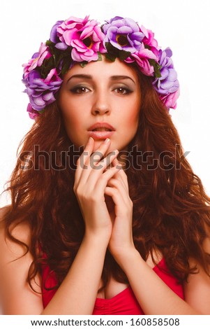 model beautiful woman face close-up of head beauty, a wreath of flowers on her head isolated on white background