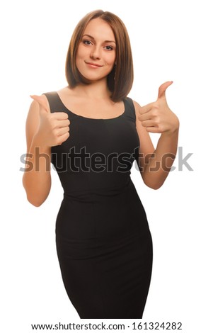 happy young woman girl a shows positive studio sign thumbs yes, in black in a black dress isolated