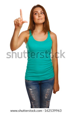 woman presses touch screen points finger button, press isolated studio
