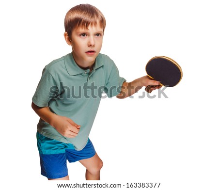 boy blond man playing table tennis forehand takes topspin isolated on white background