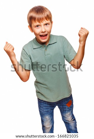 teen excited happy teenage boy shows his hand so his fists emotions isolated on white background
