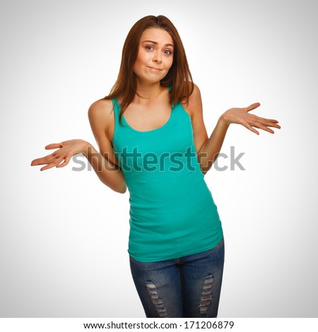 woman girl throws up his hands in doubt isolated on white background gray