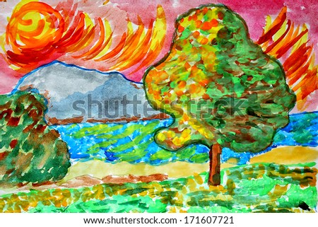 landscape watercolor nature trees water summer tree forest river lake green sky grass spring style of Van Gogh