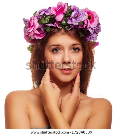 model beautiful woman face close-up head beauty, wreath of flowers on her head isolated on white background large