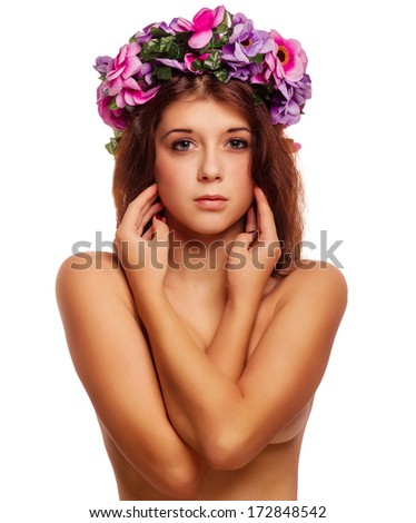 model beautiful woman face close-up head beauty, wreath flowers on her head isolated on white background large