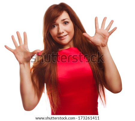 excited girl surprised brunette woman throws up his hands opened her mouth isolated emotion large