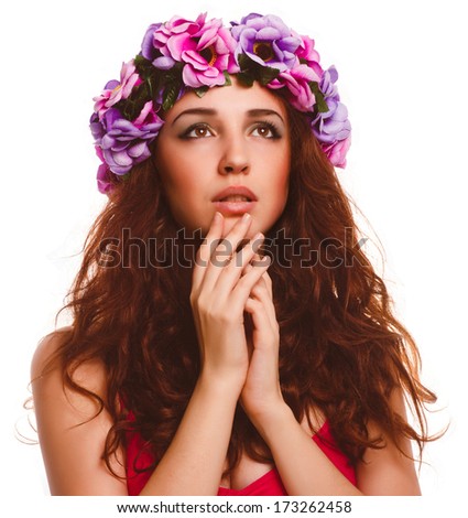beautiful woman face model close-up head beauty, wreath flowers her head isolated on white background large