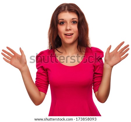 woman excited girl surprised brunette throws up his hands opened her mouth isolated emotion large